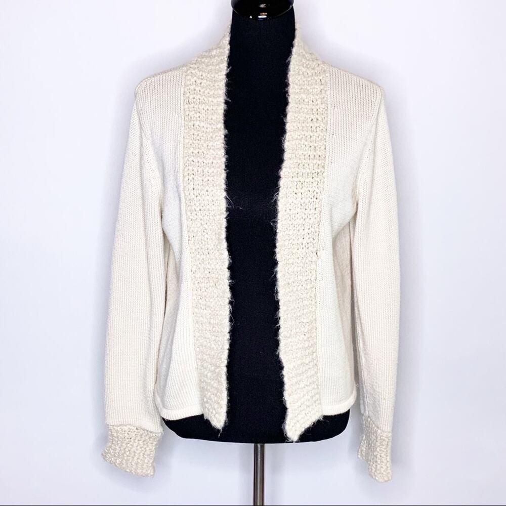 Magaschoni cream wool blend open front cardigan camel hair trim size Medium